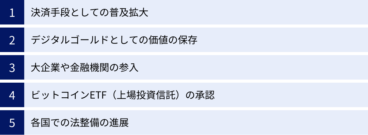 決済手段としての普及拡大、デジタルゴールドとしての価値の保存、大企業や金融機関の参入、ビットコインETF（上場投資信託）の承認、各国での法整備の進展