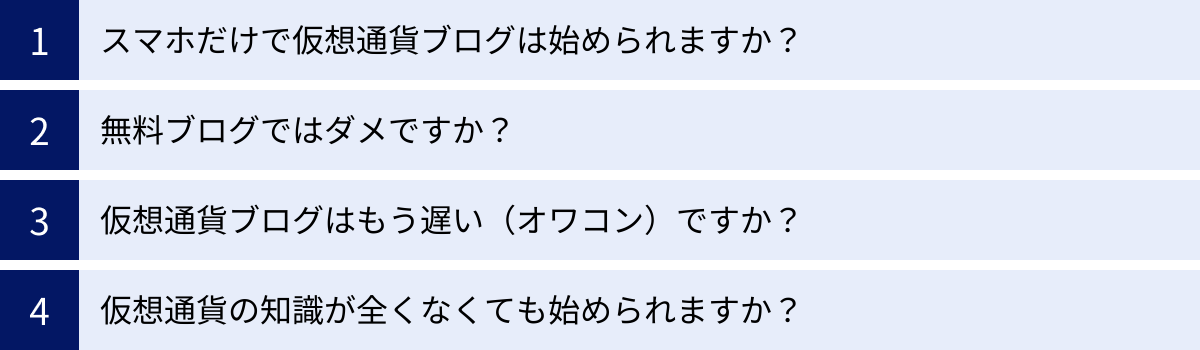 スマホだけで仮想通貨ブログは始められますか？、無料ブログではダメですか？、仮想通貨ブログはもう遅い（オワコン）ですか？、仮想通貨の知識が全くなくても始められますか？