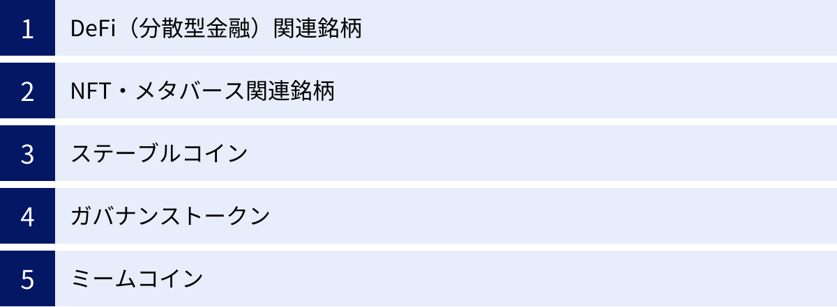 DeFi（分散型金融）関連銘柄、NFT・メタバース関連銘柄、ステーブルコイン、ガバナンストークン、ミームコイン