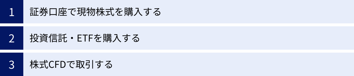 証券口座で現物株式を購入する、投資信託・ETFを購入する、株式CFDで取引する