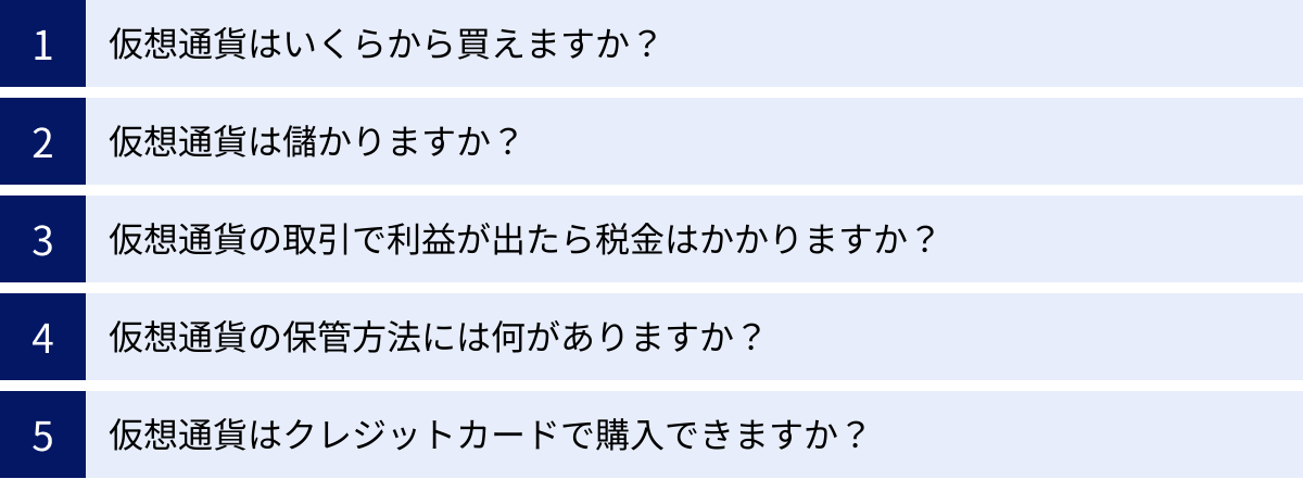 仮想通貨はいくらから買えますか？、仮想通貨は儲かりますか？、仮想通貨の取引で利益が出たら税金はかかりますか？、仮想通貨の保管方法には何がありますか？、仮想通貨はクレジットカードで購入できますか？