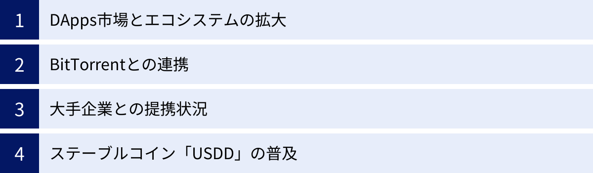 DApps市場とエコシステムの拡大、BitTorrentとの連携、大手企業との提携状況、ステーブルコイン「USDD」の普及