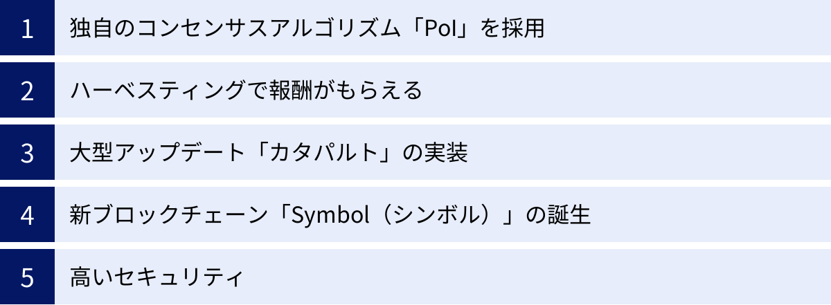 独自のコンセンサスアルゴリズム「PoI」を採用、ハーベスティングで報酬がもらえる、大型アップデート「カタパルト」の実装、新ブロックチェーン「Symbol（シンボル）」の誕生、高いセキュリティ