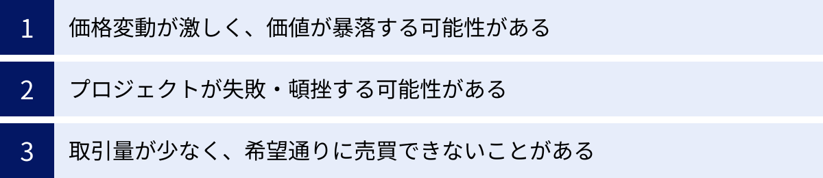 価格変動が激しく、価値が暴落する可能性がある、プロジェクトが失敗・頓挫する可能性がある、取引量が少なく、希望通りに売買できないことがある