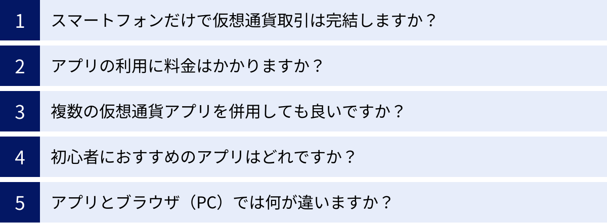 スマートフォンだけで仮想通貨取引は完結しますか？、アプリの利用に料金はかかりますか？、複数の仮想通貨アプリを併用しても良いですか？、初心者におすすめのアプリはどれですか？、アプリとブラウザ（PC）では何が違いますか？