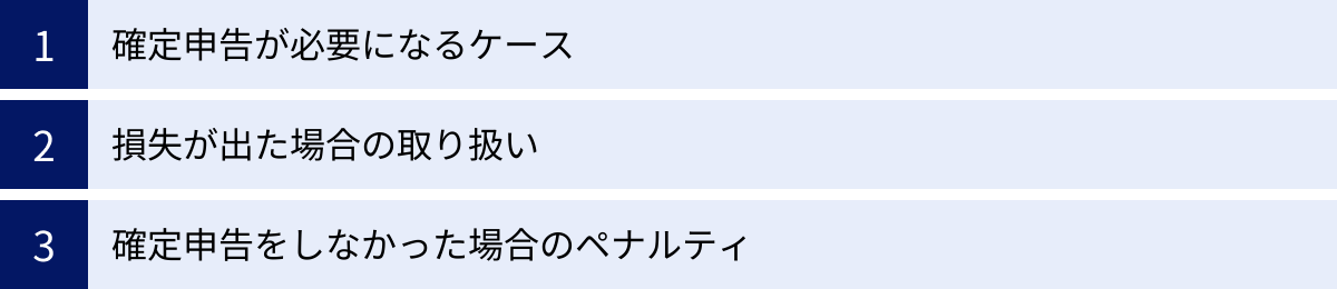 確定申告が必要になるケース、損失が出た場合の取り扱い、確定申告をしなかった場合のペナルティ