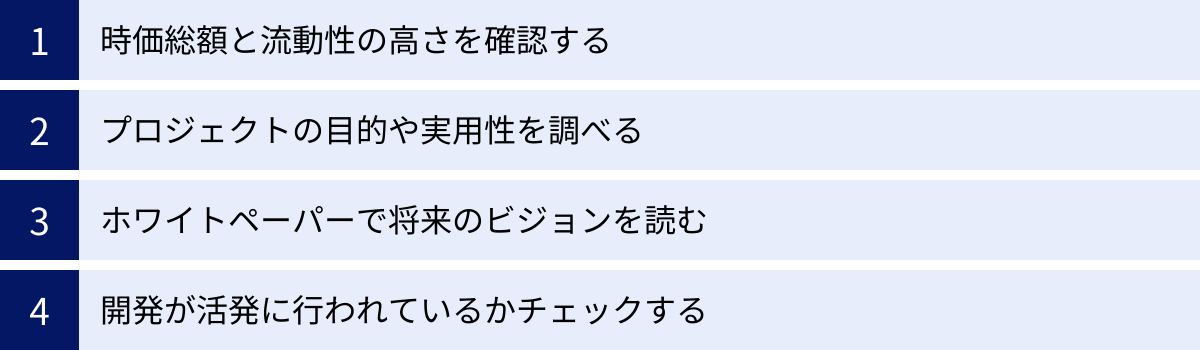 時価総額と流動性の高さを確認する、プロジェクトの目的や実用性を調べる、ホワイトペーパーで将来のビジョンを読む、開発が活発に行われているかチェックする