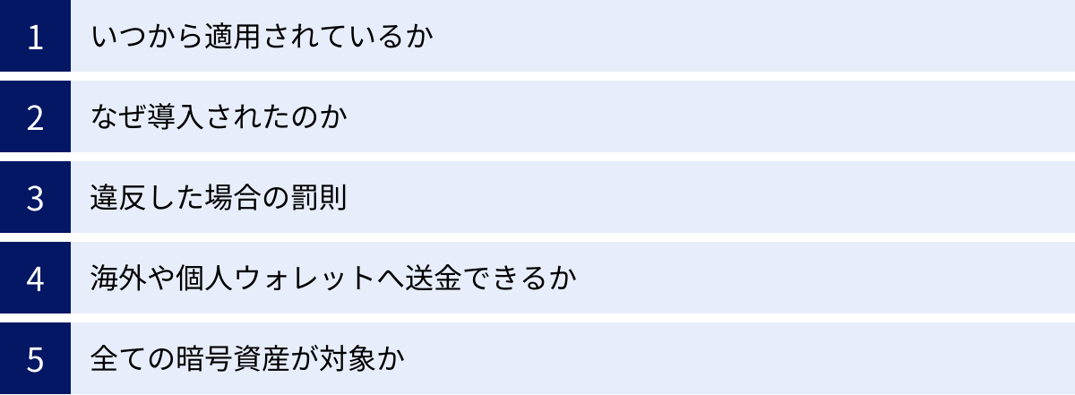 いつから適用されているか、なぜ導入されたのか、違反した場合の罰則、海外や個人ウォレットへ送金できるか、全ての暗号資産が対象か