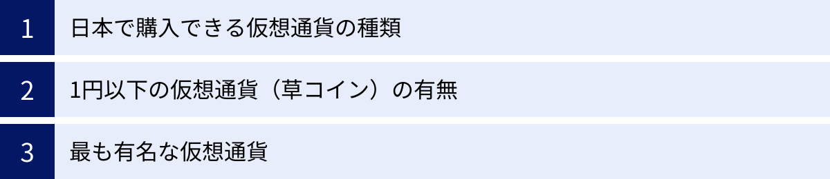 日本で購入できる仮想通貨の種類、1円以下の仮想通貨（草コイン）の有無、最も有名な仮想通貨