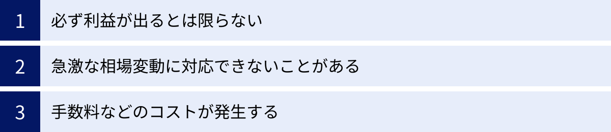 必ず利益が出るとは限らない、急激な相場変動に対応できないことがある、手数料などのコストが発生する