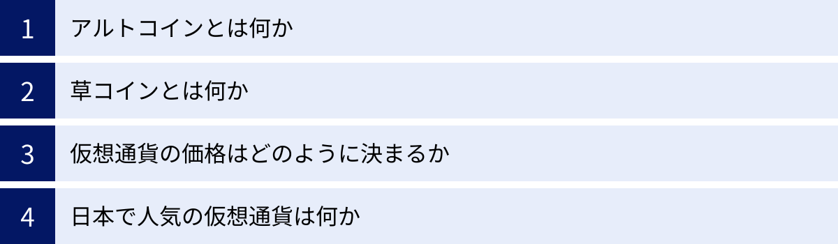 アルトコインとは何か、草コインとは何か、仮想通貨の価格はどのように決まるか、日本で人気の仮想通貨は何か