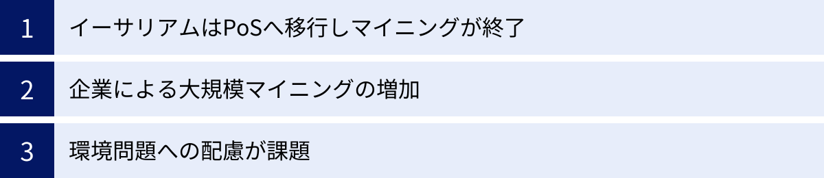 イーサリアムはPoSへ移行しマイニングが終了、企業による大規模マイニングの増加、環境問題への配慮が課題