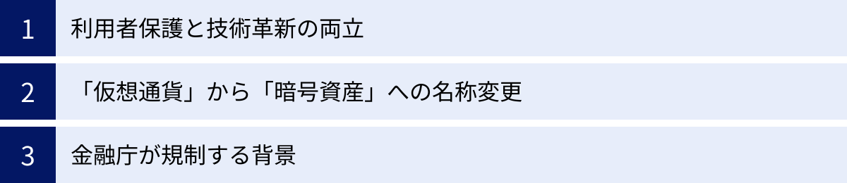利用者保護と技術革新の両立、「仮想通貨」から「暗号資産」への名称変更、金融庁が規制する背景