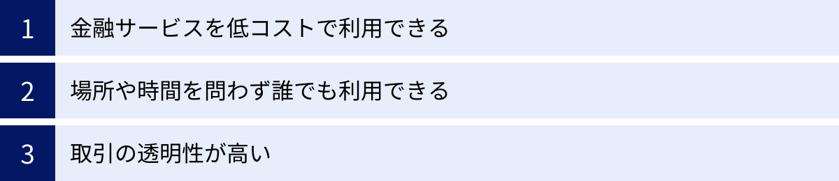 金融サービスを低コストで利用できる、場所や時間を問わず誰でも利用できる、取引の透明性が高い
