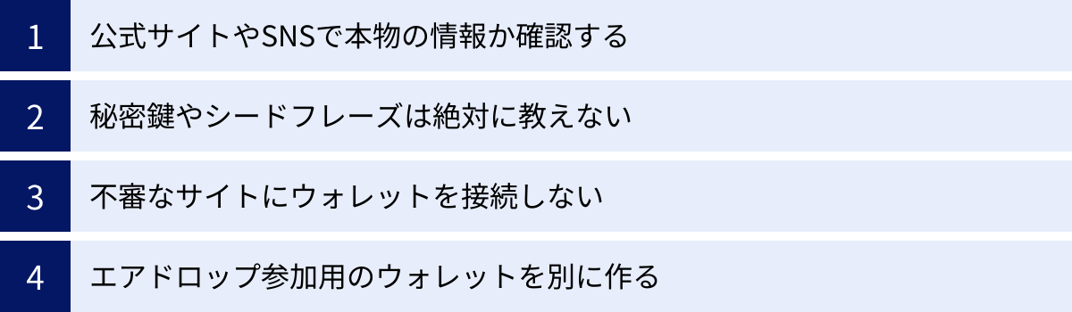 公式サイトやSNSで本物の情報か確認する、秘密鍵やシードフレーズは絶対に教えない、不審なサイトにウォレットを接続しない、エアドロップ参加用のウォレットを別に作る