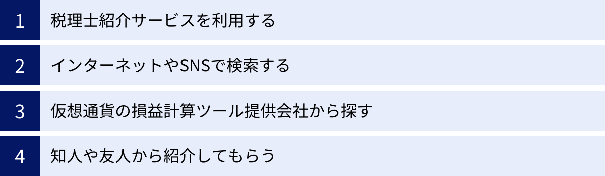 税理士紹介サービスを利用する、インターネットやSNSで検索する、仮想通貨の損益計算ツール提供会社から探す、知人や友人から紹介してもらう