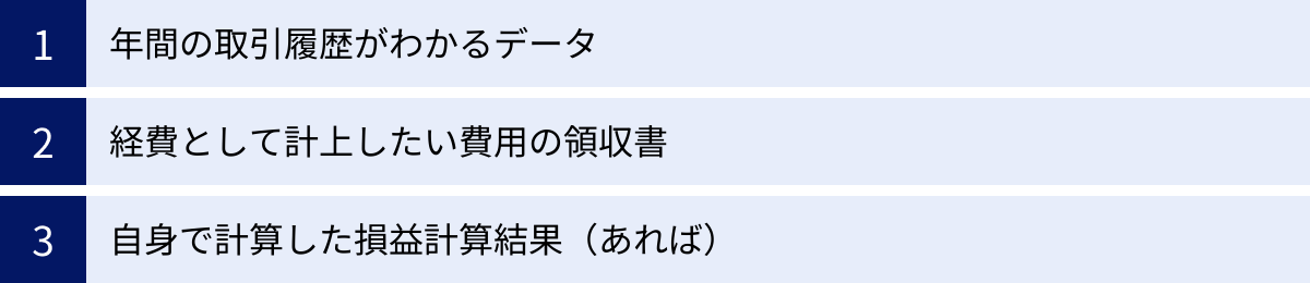 年間の取引履歴がわかるデータ、経費として計上したい費用の領収書、自身で計算した損益計算結果（あれば）