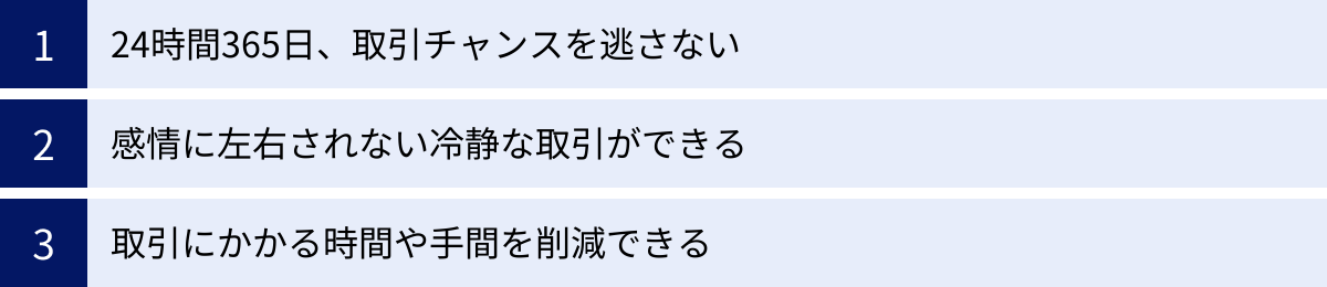 24時間365日、取引チャンスを逃さない、感情に左右されない冷静な取引ができる、取引にかかる時間や手間を削減できる