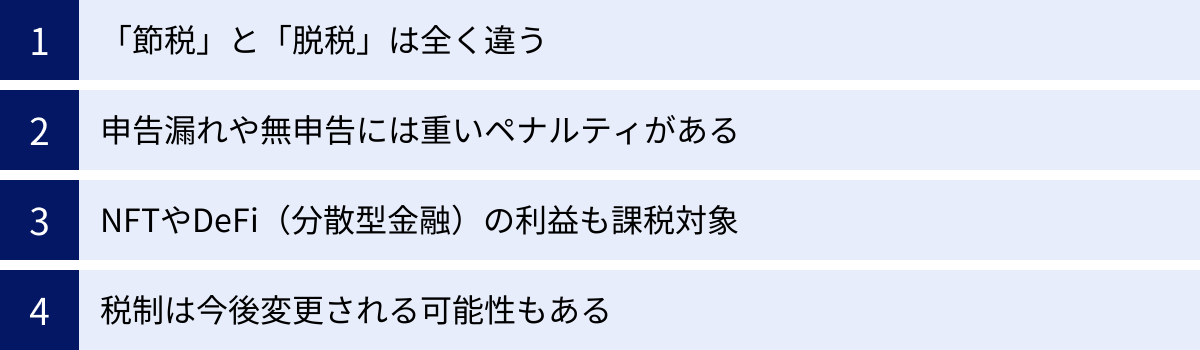 「節税」と「脱税」は全く違う、申告漏れや無申告には重いペナルティがある、NFTやDeFi（分散型金融）の利益も課税対象、税制は今後変更される可能性もある