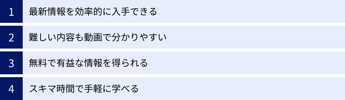 最新情報を効率的に入手できる、難しい内容も動画で分かりやすい、無料で有益な情報を得られる、スキマ時間で手軽に学べる