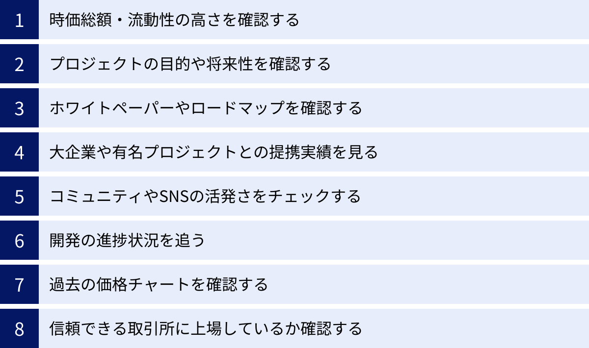 時価総額・流動性の高さを確認する、プロジェクトの目的や将来性を確認する、ホワイトペーパーやロードマップを確認する、大企業や有名プロジェクトとの提携実績を見る、コミュニティやSNSの活発さをチェックする、開発の進捗状況を追う、過去の価格チャートを確認する、信頼できる取引所に上場しているか確認する