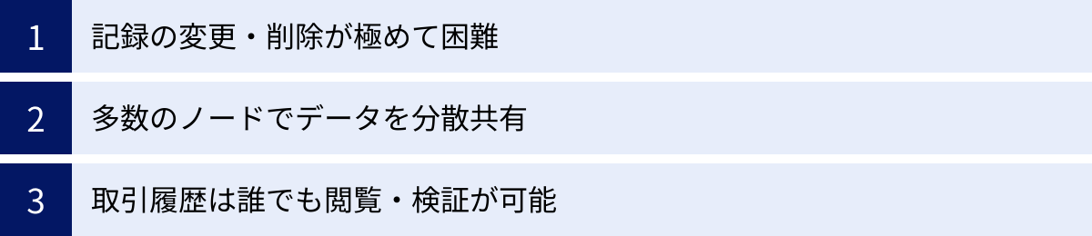 記録の変更・削除が極めて困難、多数のノードでデータを分散共有、取引履歴は誰でも閲覧・検証が可能