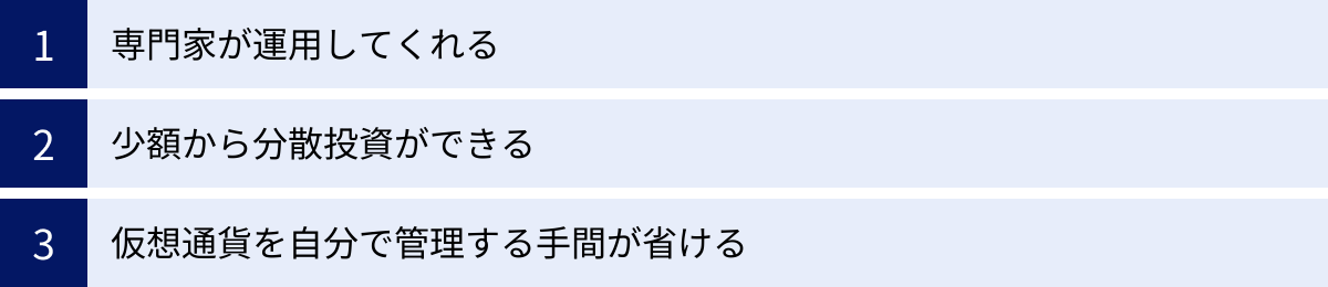 専門家が運用してくれる、少額から分散投資ができる、仮想通貨を自分で管理する手間が省ける