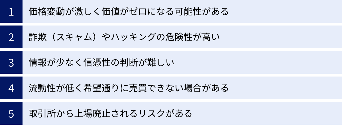 価格変動が激しく価値がゼロになる可能性がある、詐欺（スキャム）やハッキングの危険性が高い、情報が少なく信憑性の判断が難しい、流動性が低く希望通りに売買できない場合がある、取引所から上場廃止されるリスクがある