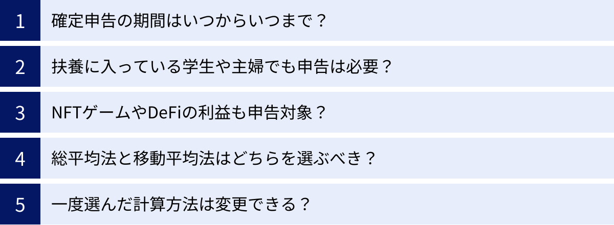 確定申告の期間はいつからいつまで？、扶養に入っている学生や主婦でも申告は必要？、NFTゲームやDeFiの利益も申告対象？、総平均法と移動平均法はどちらを選ぶべき？、一度選んだ計算方法は変更できる？