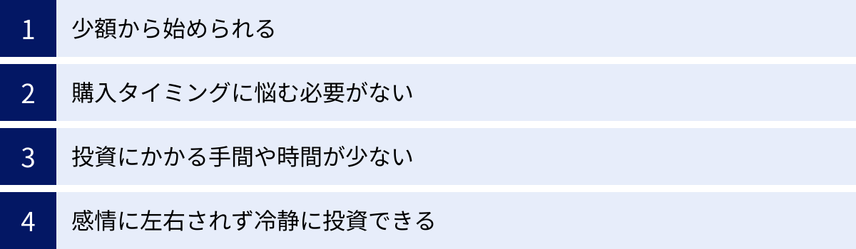 少額から始められる、購入タイミングに悩む必要がない、投資にかかる手間や時間が少ない、感情に左右されず冷静に投資できる