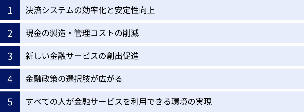決済システムの効率化と安定性向上、現金の製造・管理コストの削減、新しい金融サービスの創出促進、金融政策の選択肢が広がる、すべての人が金融サービスを利用できる環境の実現